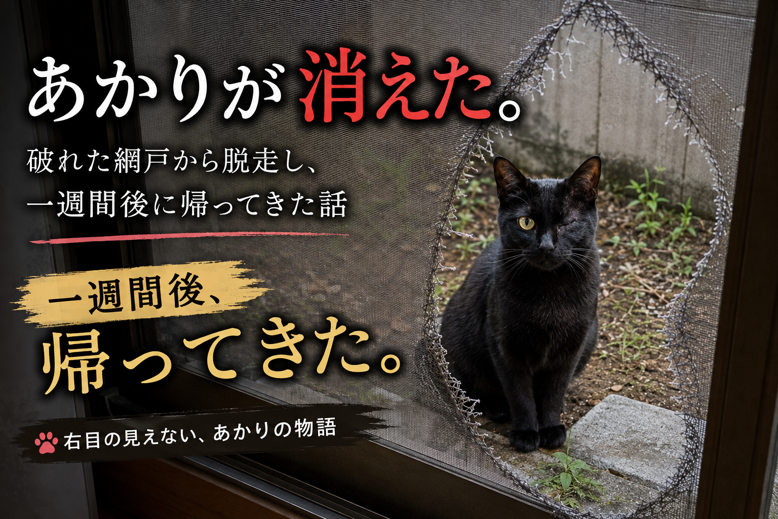 破れた網戸から脱走し、一週間後に帰ってきたあかり